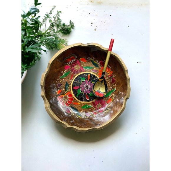 Vtg Russian Wooden Bowl Spoon Set Hand Painted USSR Khokhloma Tray Floral Fruit - Picture 3 of 8